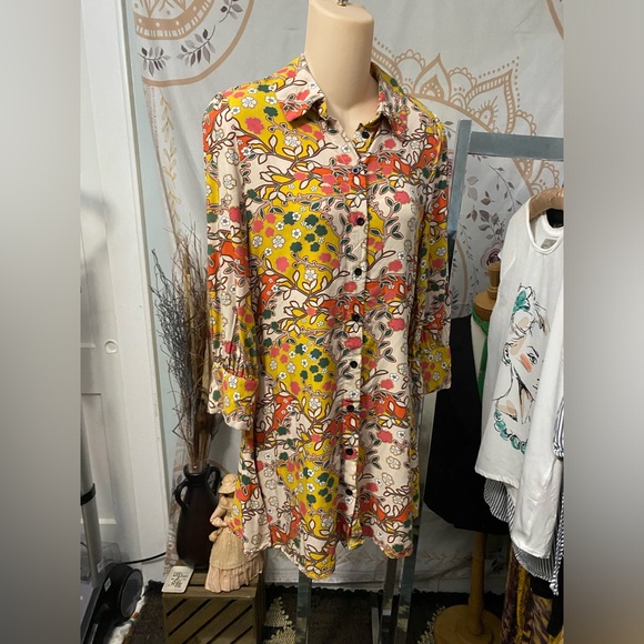 EUC Natural Life Twiggy Shirt Dress Tan Floral size XS 100% Rayon - Picture 2 of 7